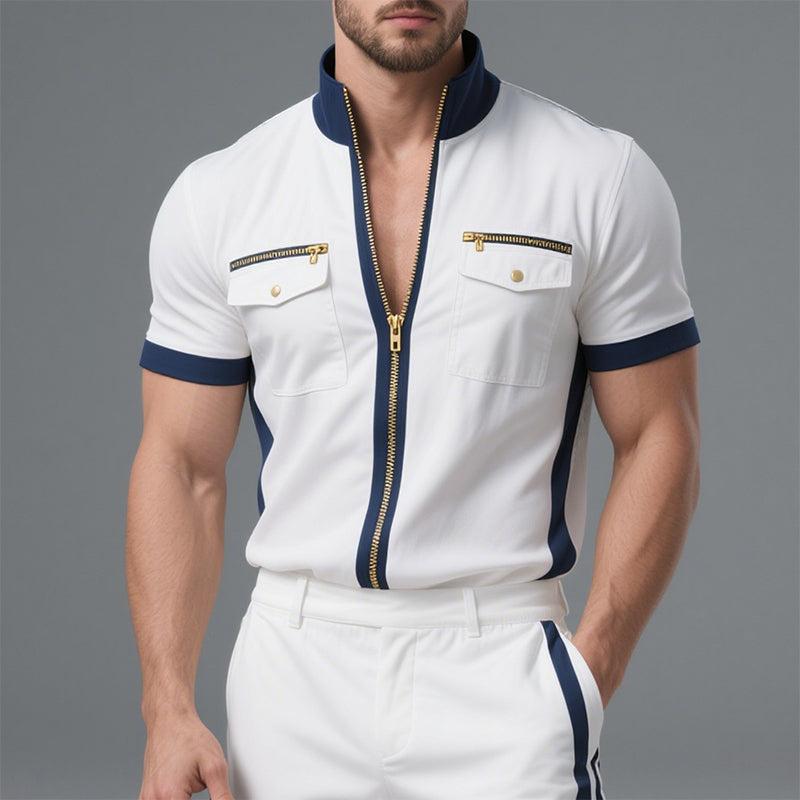 Men's Contrast Color Casual Stand Collar Short Sleeve Jacket MTA2984D9X