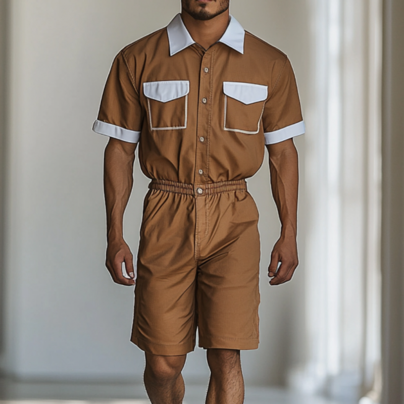 Men's Casual Cotton Blend Colorblock Lapel Chest Pocket Short Sleeve Shirt Shorts Slim Jumpsuit MTA2671E7M