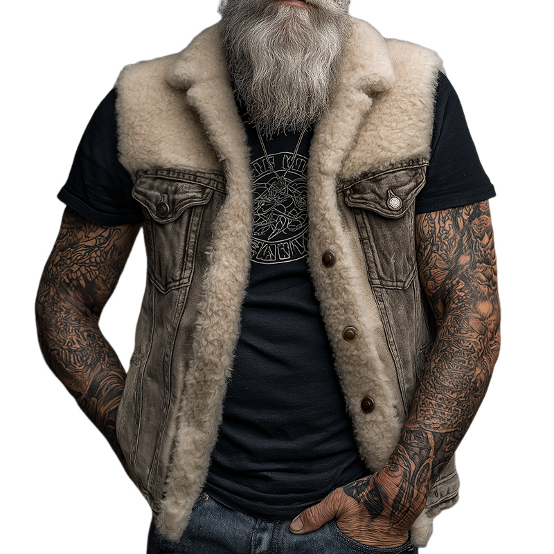 Men's Retro Casual Washed Denim Plush Splicing Lapel Vest MTA1668I9TO