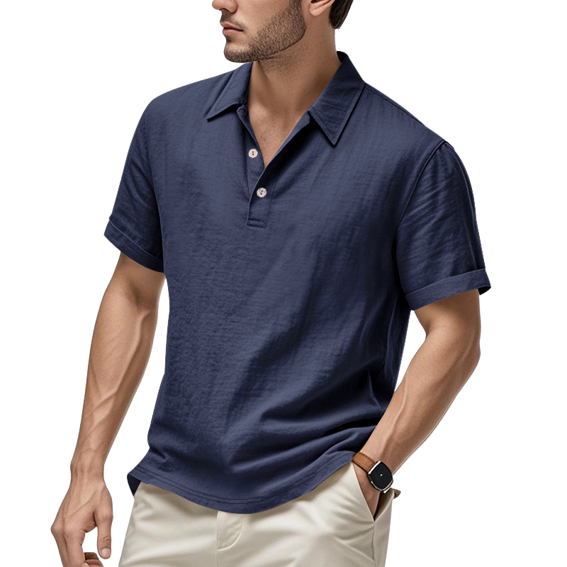 Men's Casual Cotton Linen Lapel Loose Short Sleeve Polo Shirt MTA2957D2M