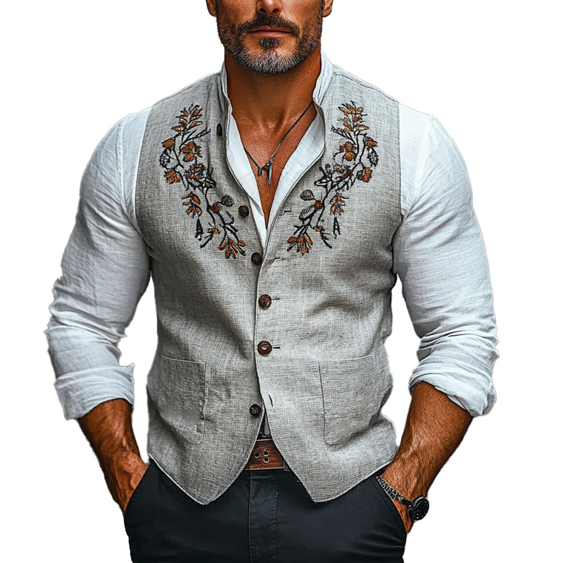 Men's Vintage Embroidered Stand Collar Vest 52509697X