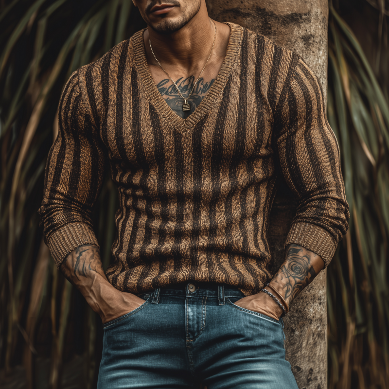 Men's Vintage Contrast Vertical Striped V-Neck Slim Fit Knit Pullover Sweater MTA1877H4M