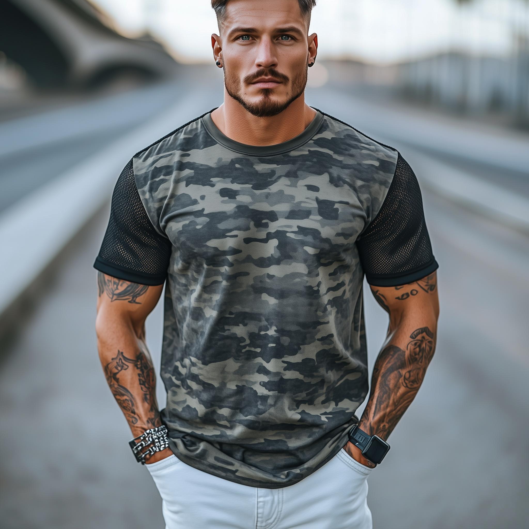 Men's Spring And Summer Casual Round Neck Camouflage Cotton Blended Splicing Mesh Short-sleeved T-shirt MTA2145G5K