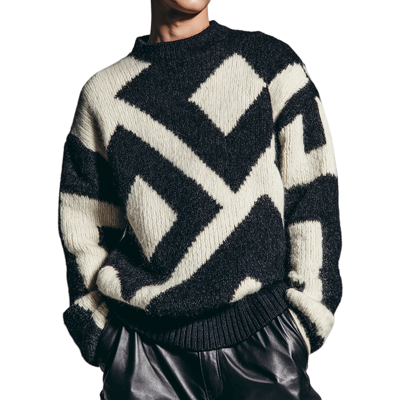 Men's Retro Casual Geometric Knitted Crew Neck Pullover Sweater MTA1728J2TO