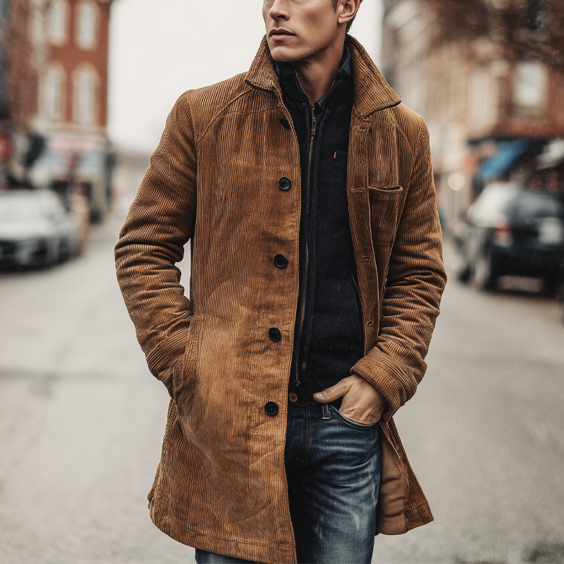 Men's Vintage Corduroy Lapel Single-breasted Mid-length Coat MTA0520H6X