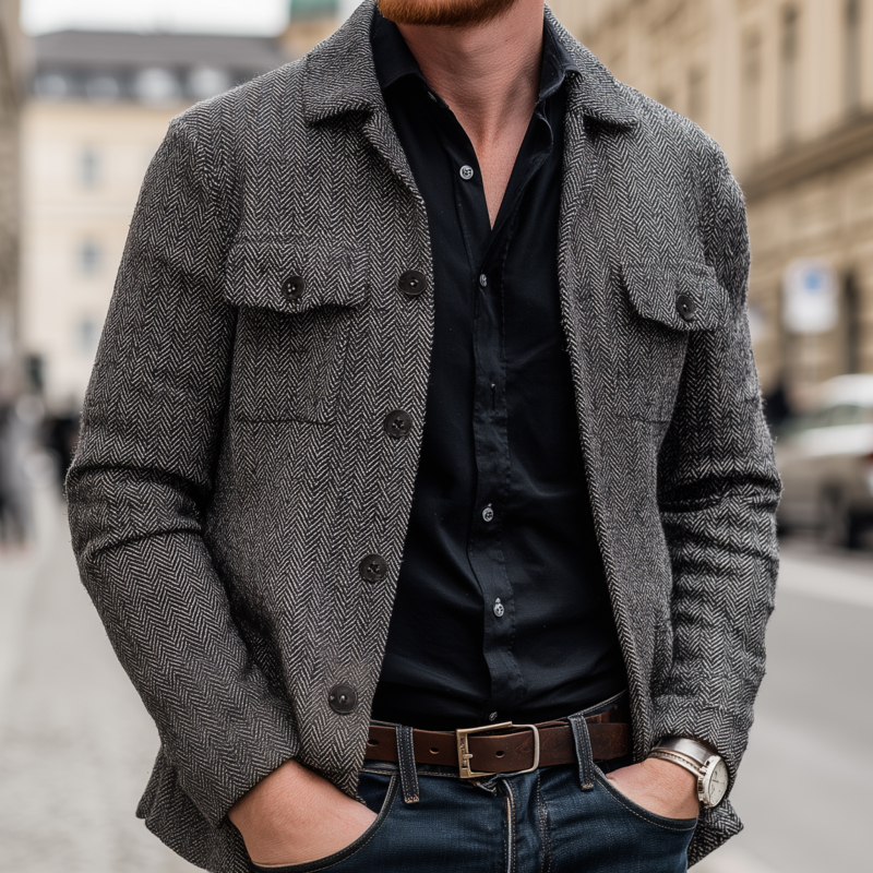 Men's Vintage Wool Blend Herringbone Lapel Flap Chest Pocket Loose Long Sleeve Shirt Jacket MTA1817H0M