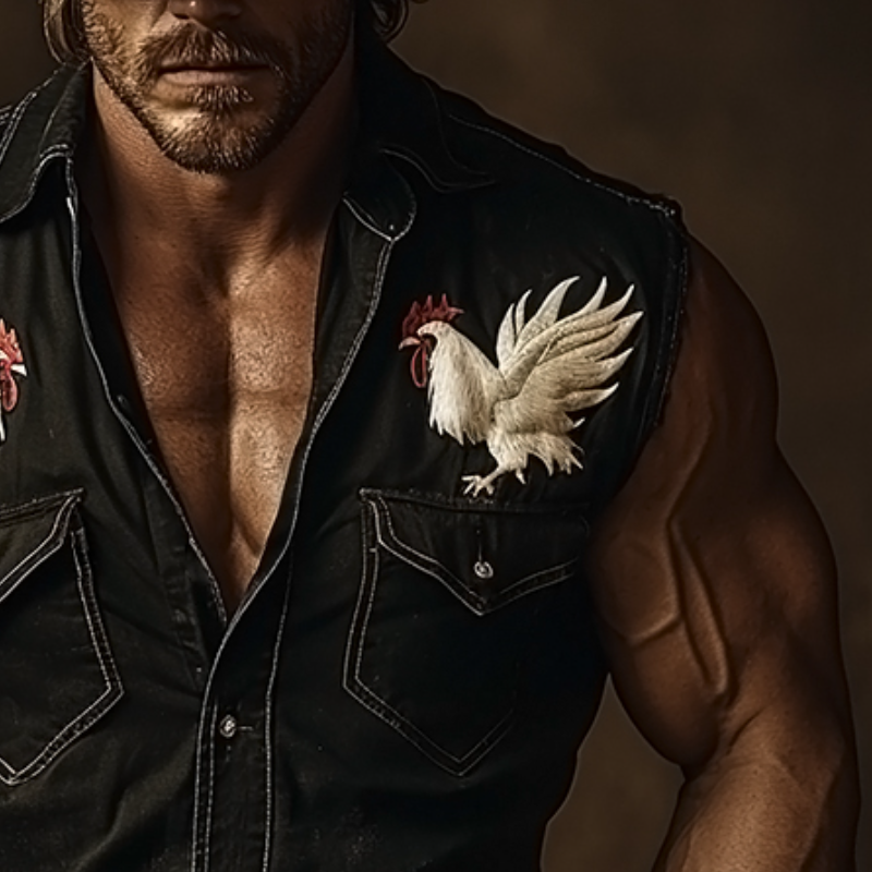 Men's Retro Western Cowboy Style Rooster Embroidery Washed Denim Lapel Sleeveless Shirt MTA0658E4TO