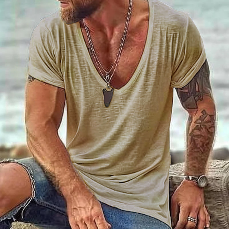 Men's Casual Cotton V Neck Short-Sleeved T-Shirt 00121855M