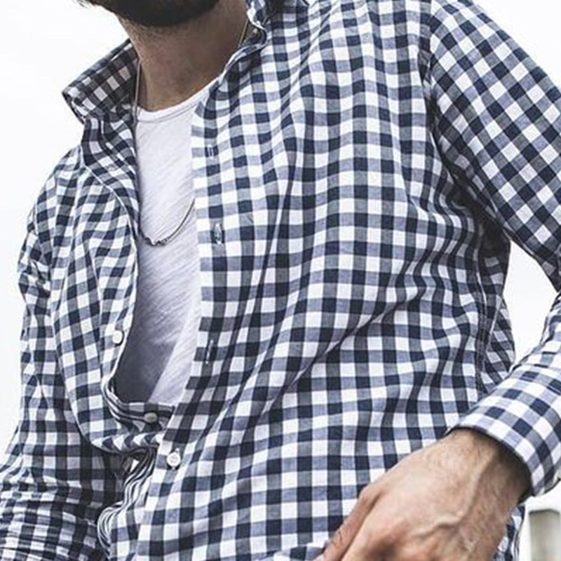 Men's Casual Loose Black and White Plaid Long-sleeved Shirt 10102262U