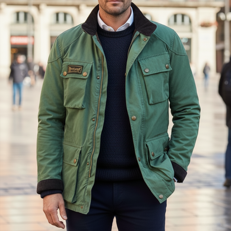 Men's Classic  Green Cotton Stand Collar Jacket MTA2435I3U