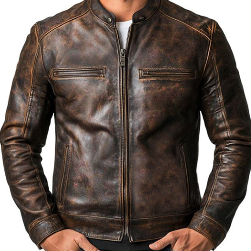 Men's Vintage Distressed Zipper Leather Jacket 57298921U