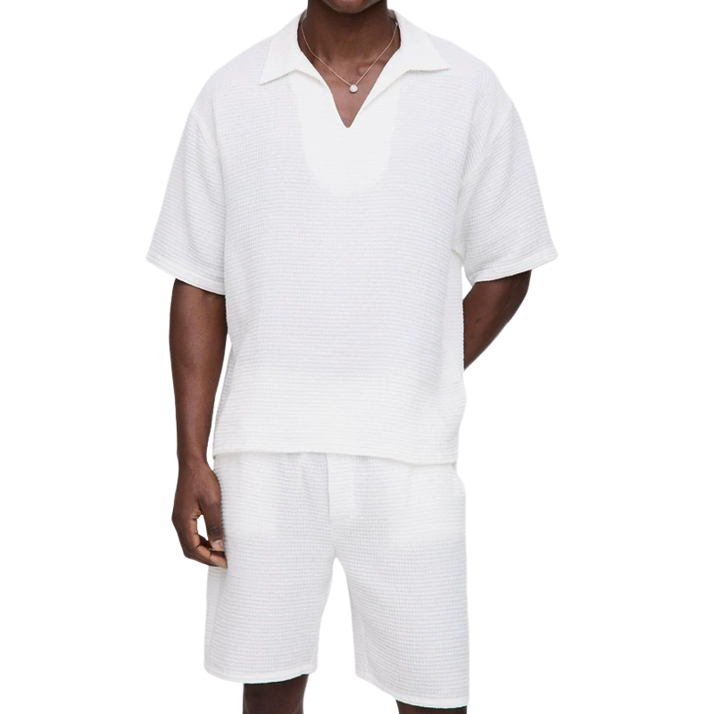 Men's Solid Loose Waffle Lapel Short Sleeve Tops Elastic Waist Shorts Casual Set MTA1777C5Z