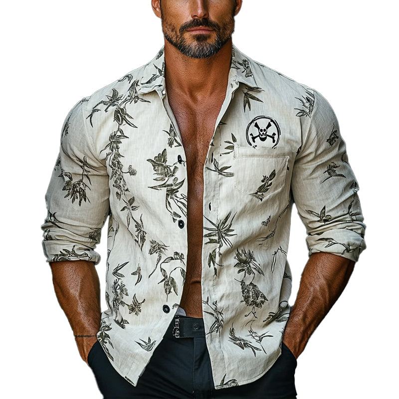 Men's Pirate Print Lapel Long Sleeve Shirt 95862617X