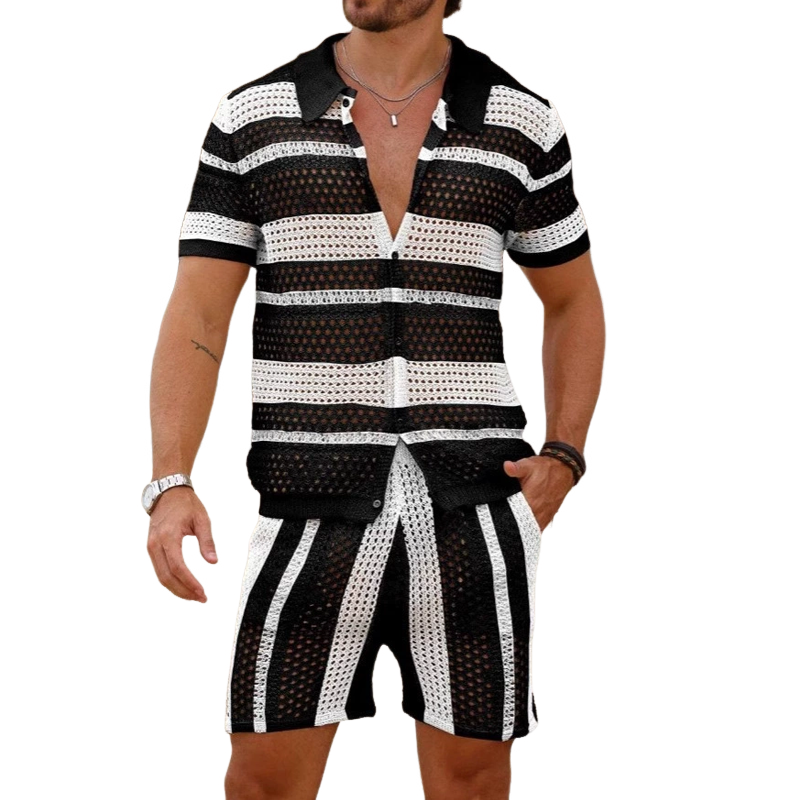 Men's Fashion Knit Striped Lapel Short Sleeve Shirt Shorts Set MTA1788C8Z