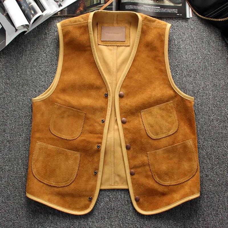 Men's Vintage Suede Snap Button Multi-Pocket V-Neck Vest 11137944U