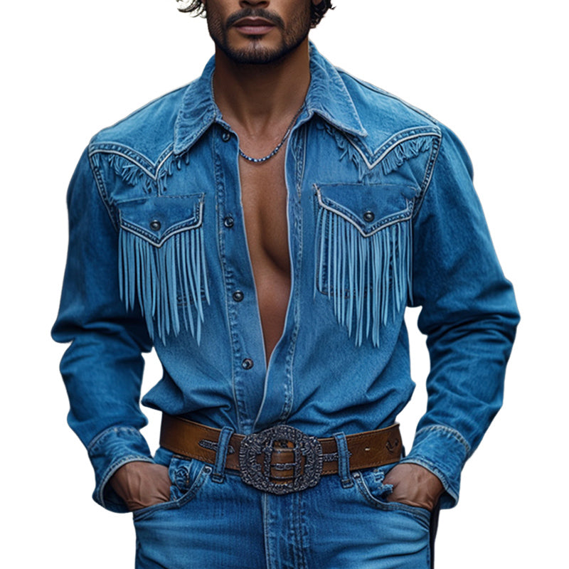 Retro Western Cowboy Dusk-søm, denim, langermet skjorte for menn 10742814U