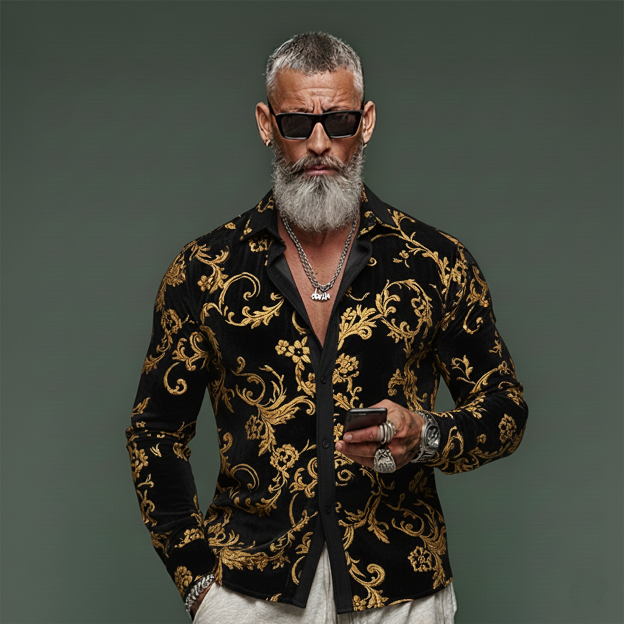 Men's Classic Vintage Faux Velvet Printed Long-sleeved Shirt MTA2042L0K