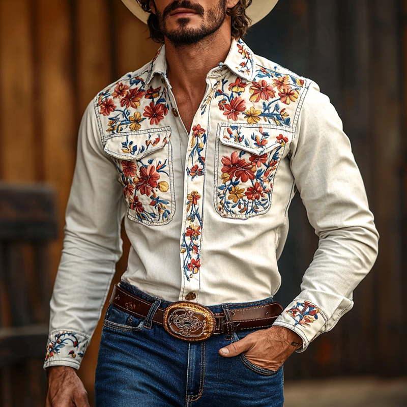 Vestlig cowboystil for menn, brodert jakkeslag, brystlomme, langermet bomullsskjorte 42207261Z