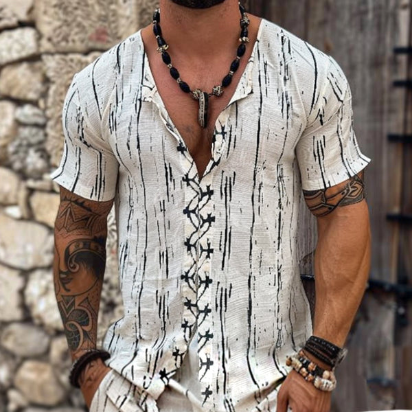 Men's Retro Casual Ethnic Beach Linen Short-sleeved Zipper Shirt 06554788TO