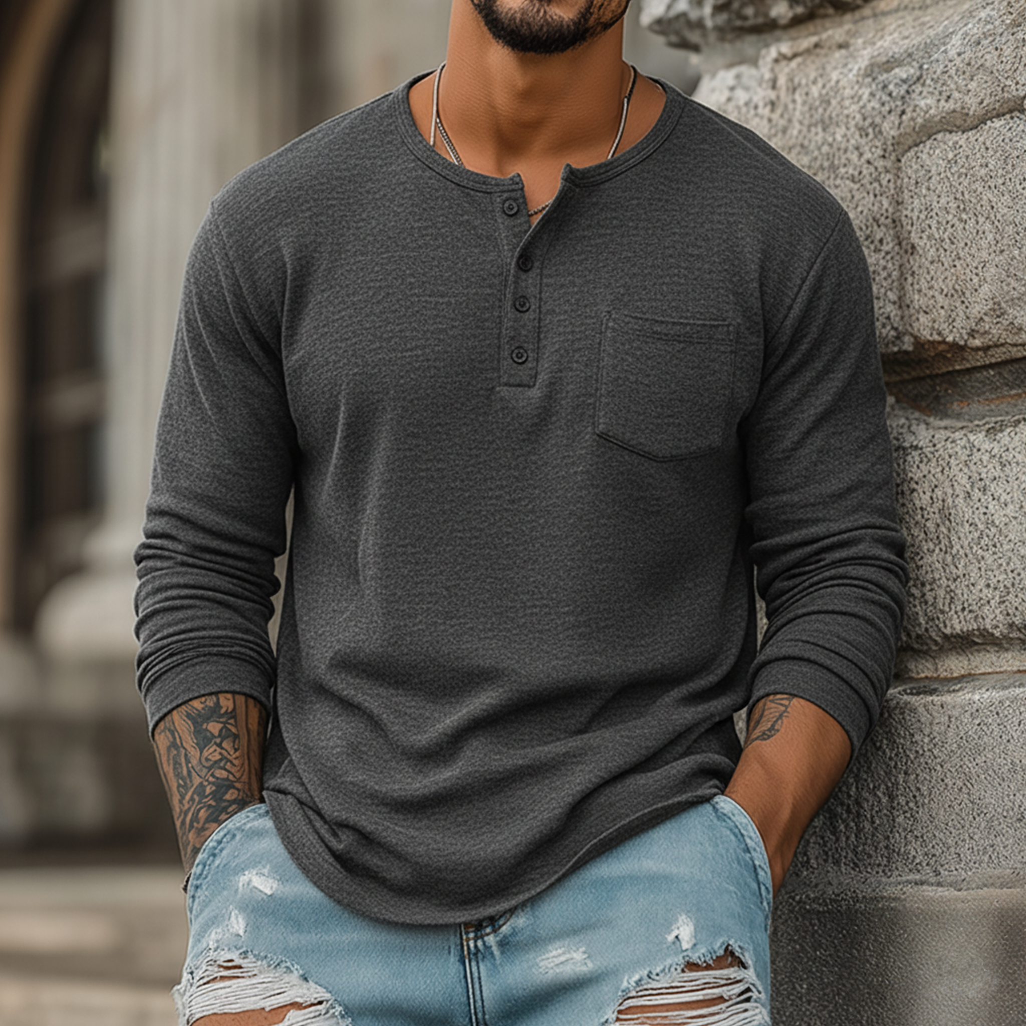 Men's Classic Henley Collar Dralon Warm Long Sleeve T-Shirt MTA2076J3K