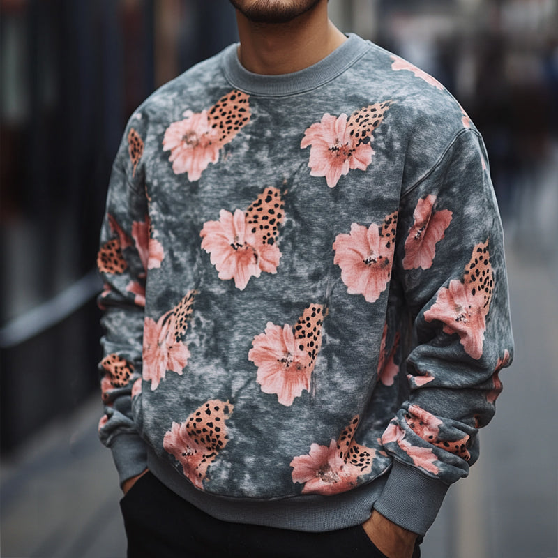 Men's Retro Casual Floral Leopard Print Crew Neck Sweatshirt 11348639TO