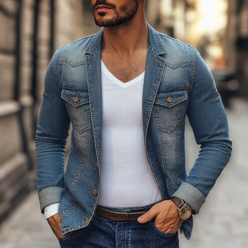 Distressed Notch Lapel Single Breasted Denim Blazer for menn 19816838Z