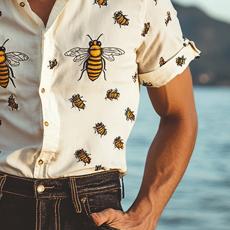 Men's Funny Bee Print Lapel Short Sleeve Shirt MTA2241D5X