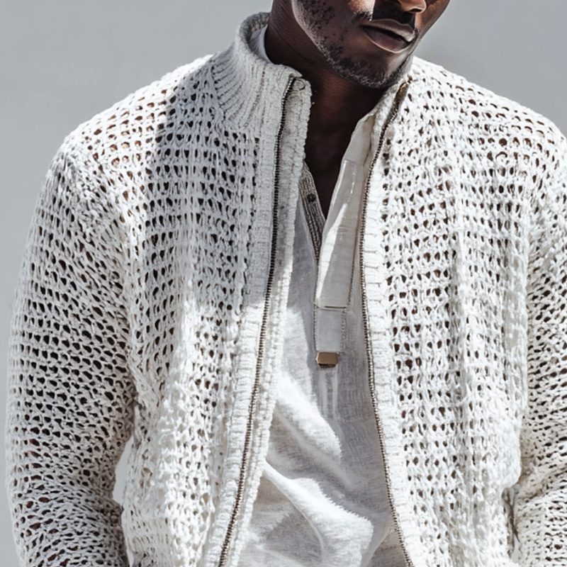 Men's Fashion Openwork Knit Stand Collar Zipper Jacket Cardigan MTA2034H9Z