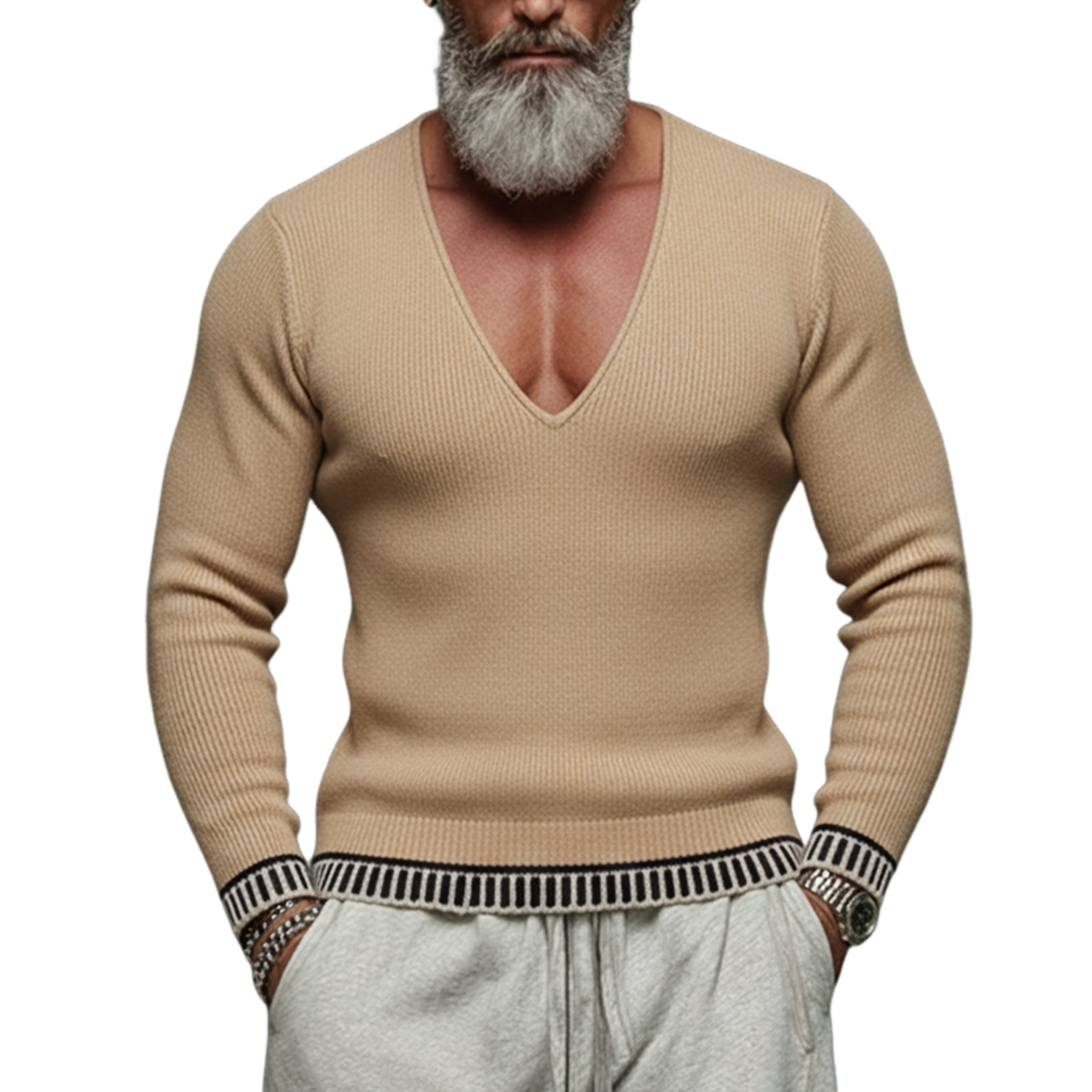 Men's Fashionable And Unique Deep V-neck Slim Fit Sweater MTA2922J7K