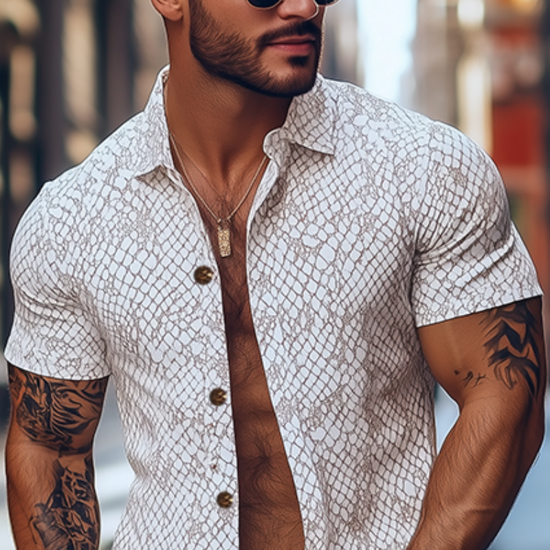 Men's Stylish Classic Slim Fit Snake Texture Print Short Sleeve Shirt 99913842K