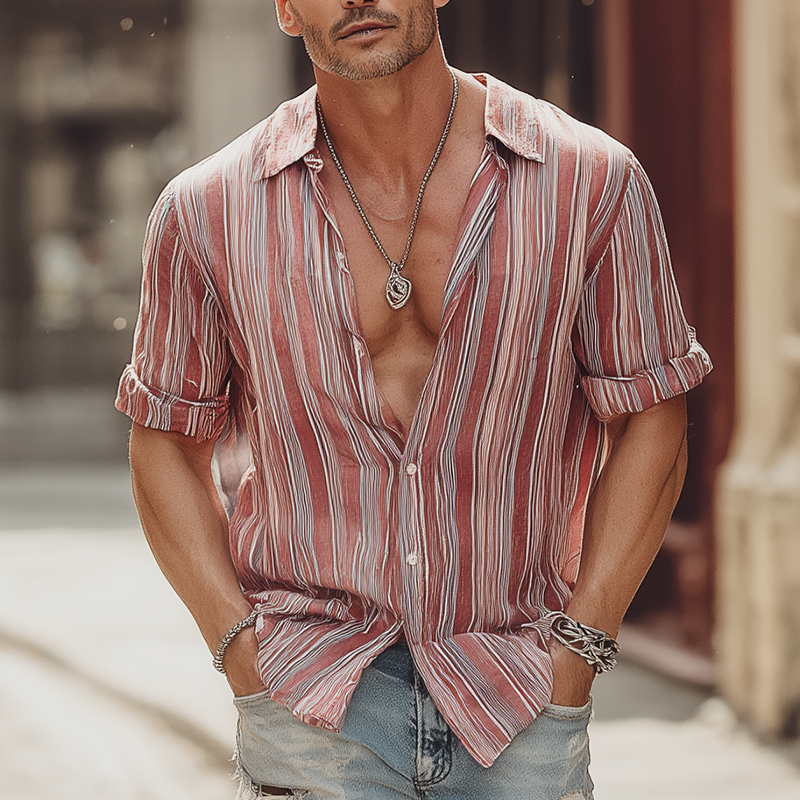 Men's Summer Cotton Blend Fashion Stripe Print Short Sleeve Shirt MTA1402G1P