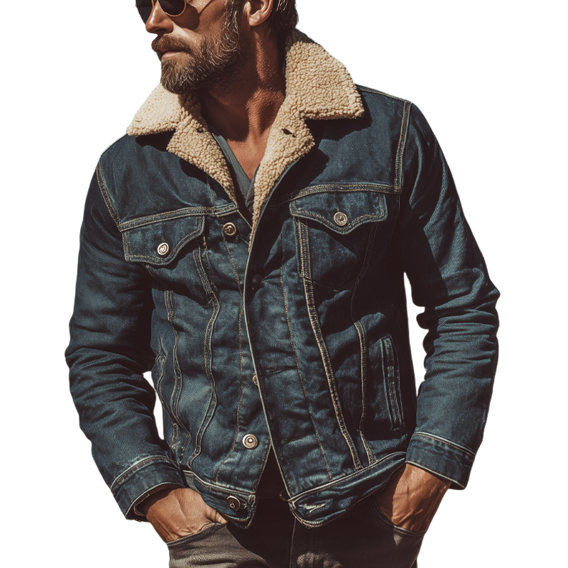 Men's Vintage Denim Patchwork Polar Fleece Lapel Jacket MTA0504H1X