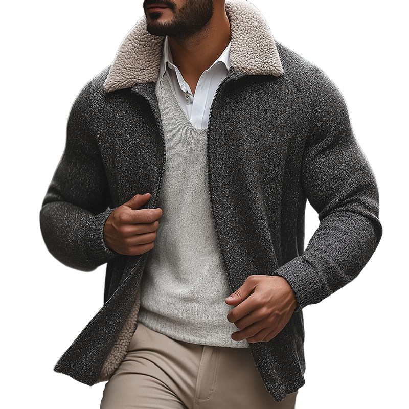 Men's Retro Casual Plush Warm Knitted Fur Collar Zipper Cardigan Jacket MTA2244I4TO