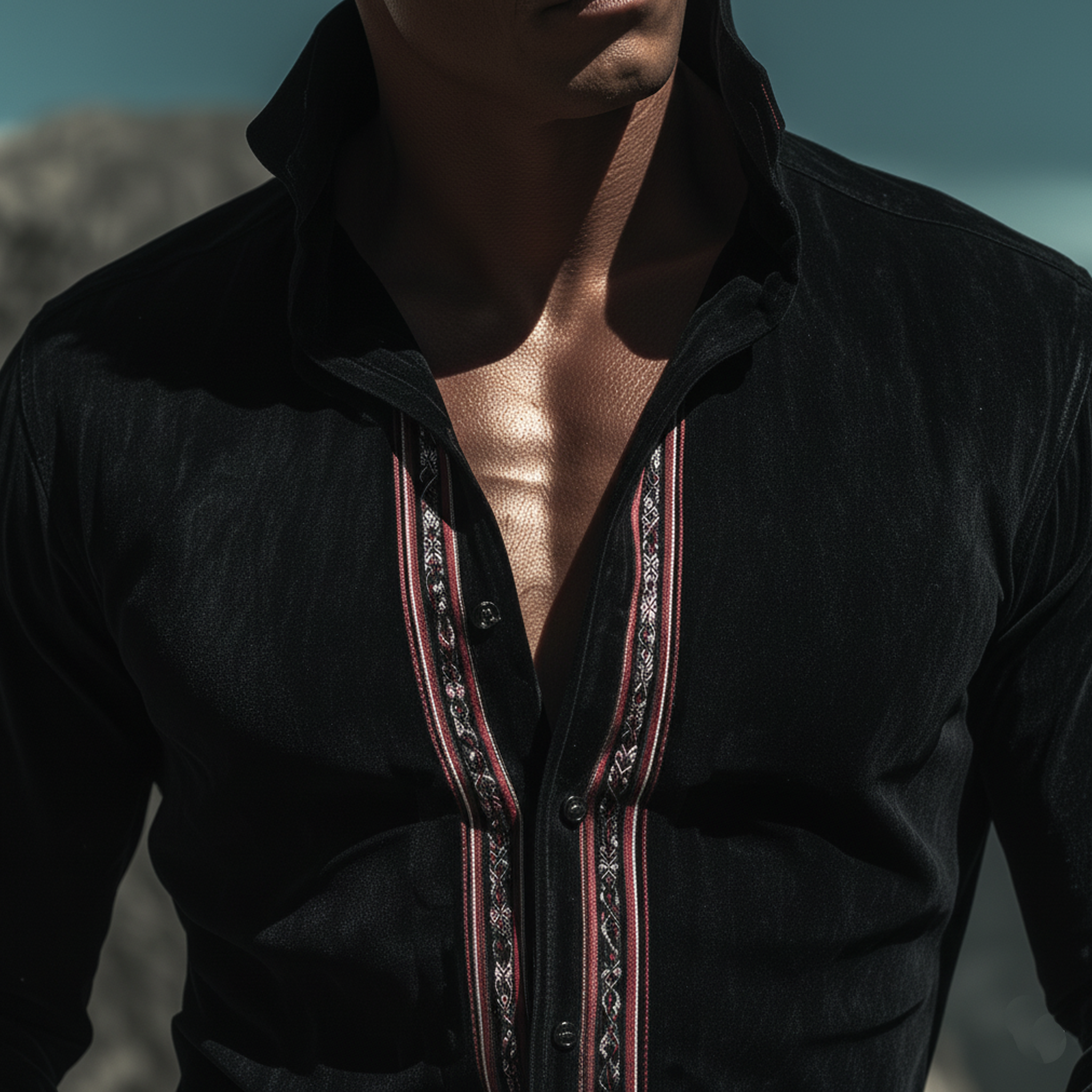 Men's Classic Vintage Western-style Stand-collar Embroidered Faux Suede Slim-fit Long-sleeved Shirt MTA1502L4K