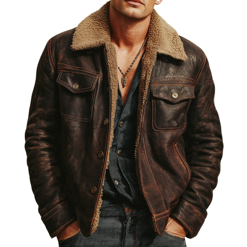 Men's Urban Warm Red-brown PU Leather Lambskin Lining Jacket MTA2006K4U