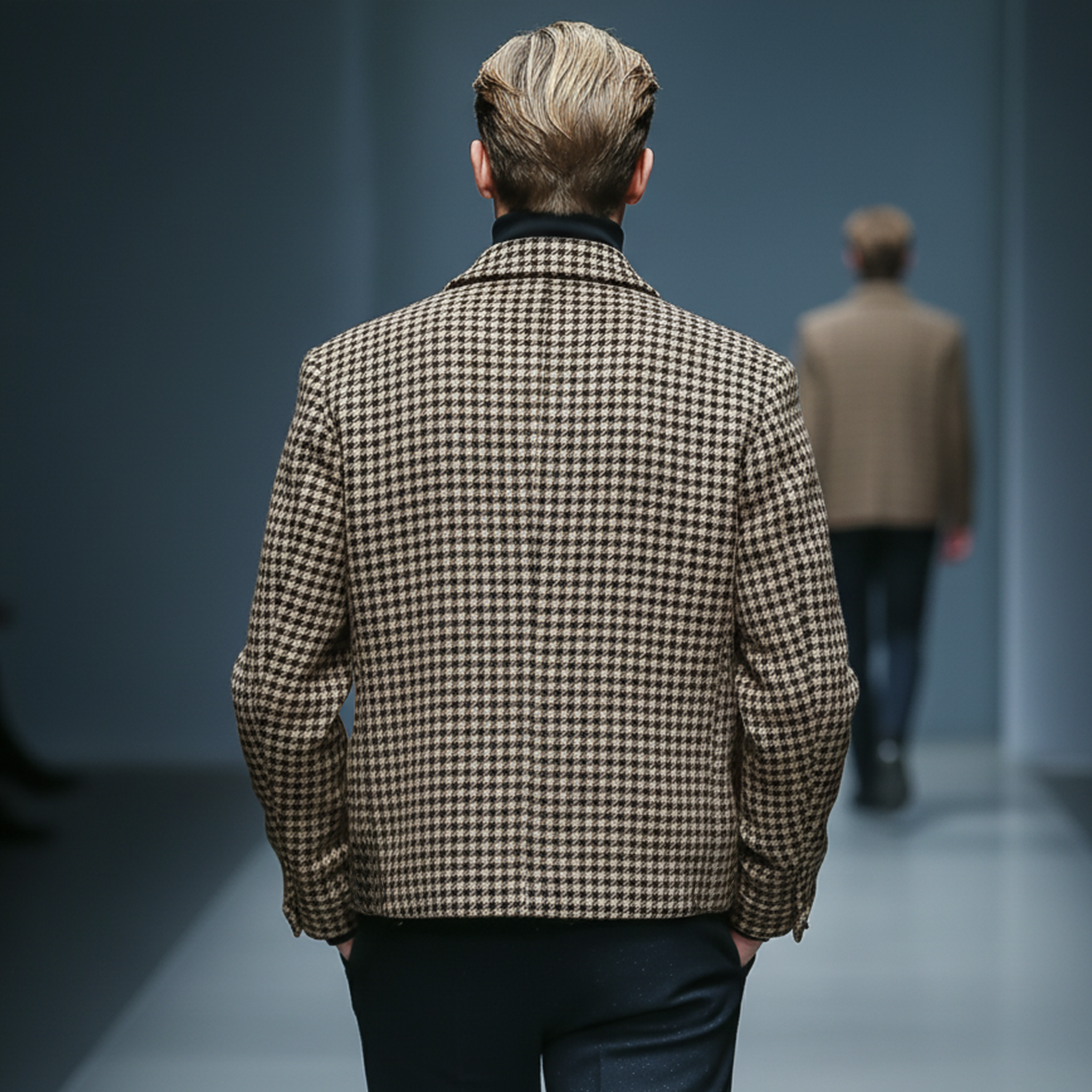 Men's Classic Retro Pocket Stitching PU Leather Lapel Faux Houndstooth Woolen Jacket MTA1109J0K