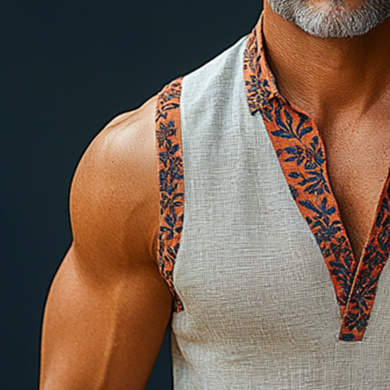 Men's Summer Fashion Embroidered Linen Sleeveless Shirt MTA1170F0P