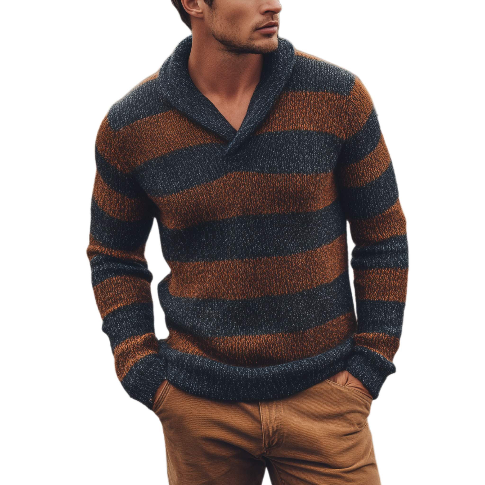 Men's Classic Casual V-neck Contrast Striped Slim-fit Sweater MTA3077H8K