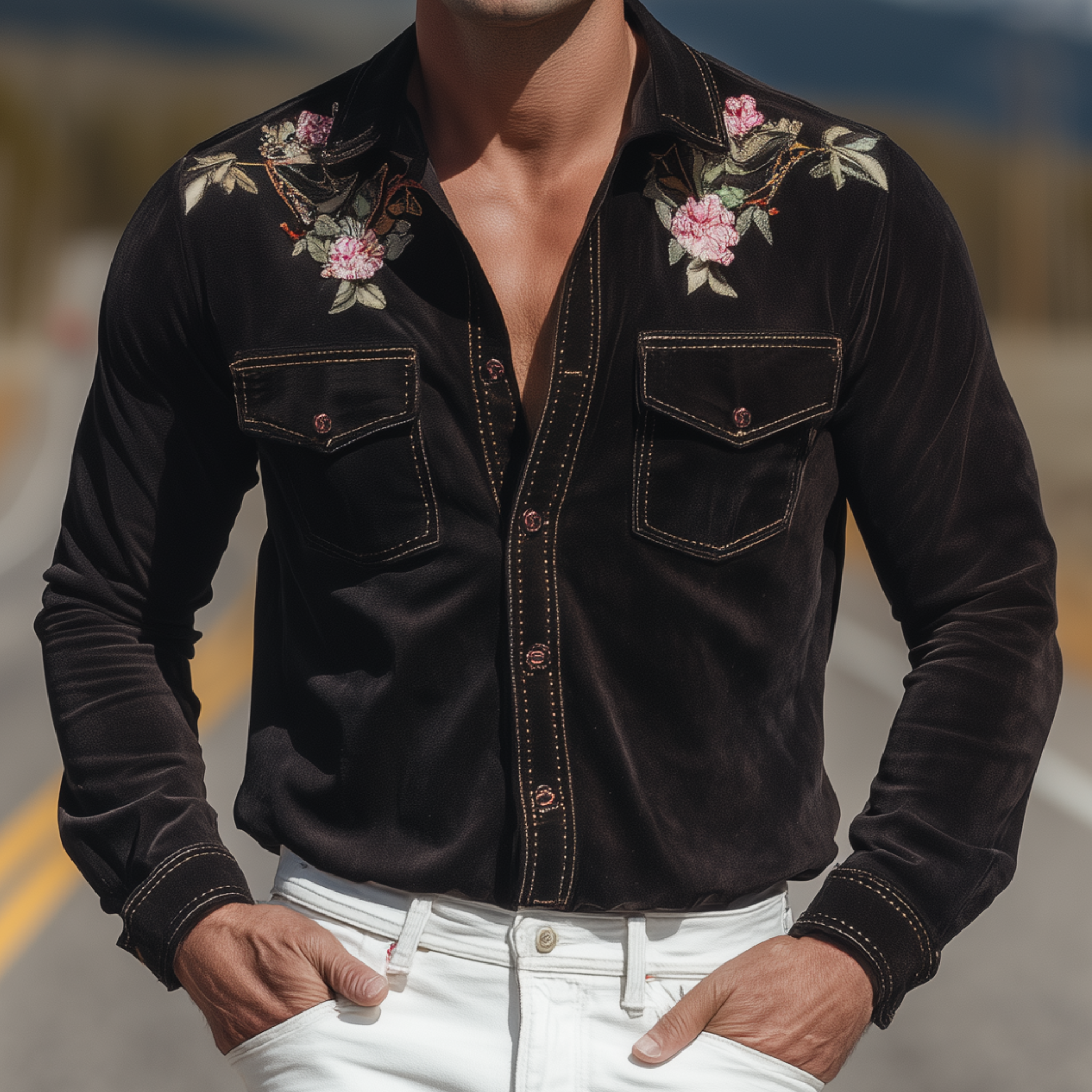 Men's Classic Retro Western Embroidered Suede Pocket Slim Fit Long Sleeve Shirt MTA1440H0K