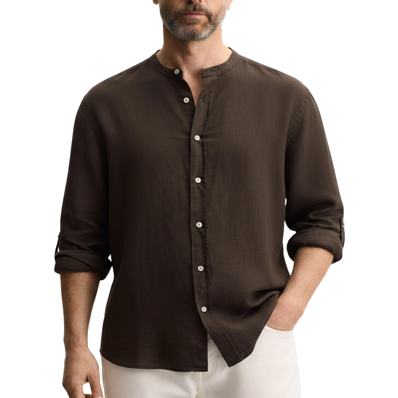 Men's Classic Dark Brown Cotton And Linen Long-sleeved Shirt MTZ1207B2U