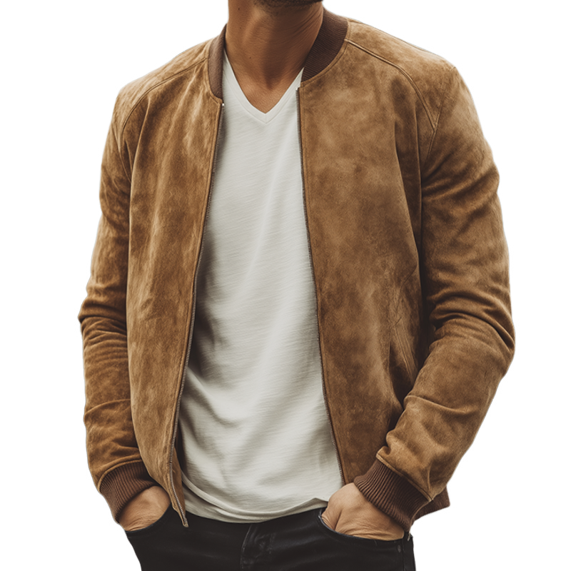 Men's Vintage Casual Suede Zip-Up Baseball Jacket MTA1099I0TO