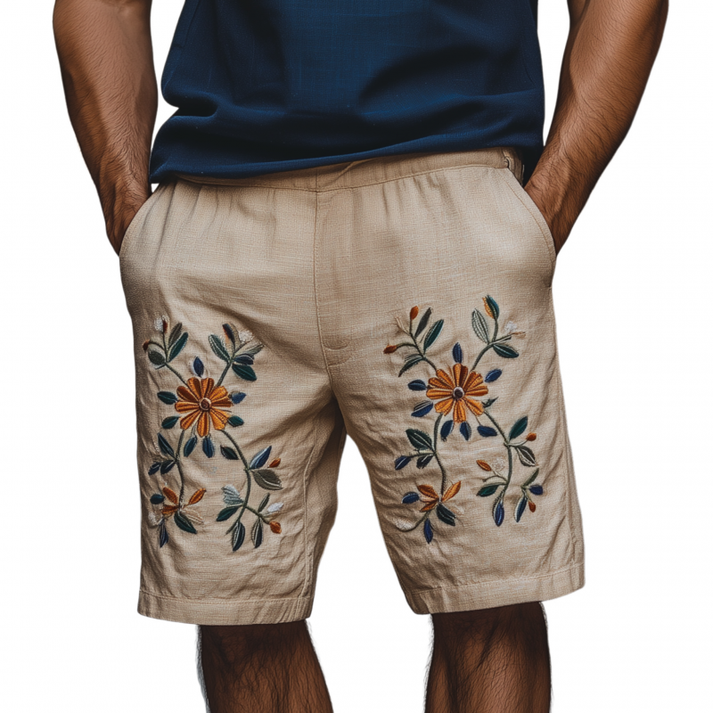Men's Vintage Elegant Flower Embroidery Breathable Linen Straight Resort Shorts MTA0895G1M