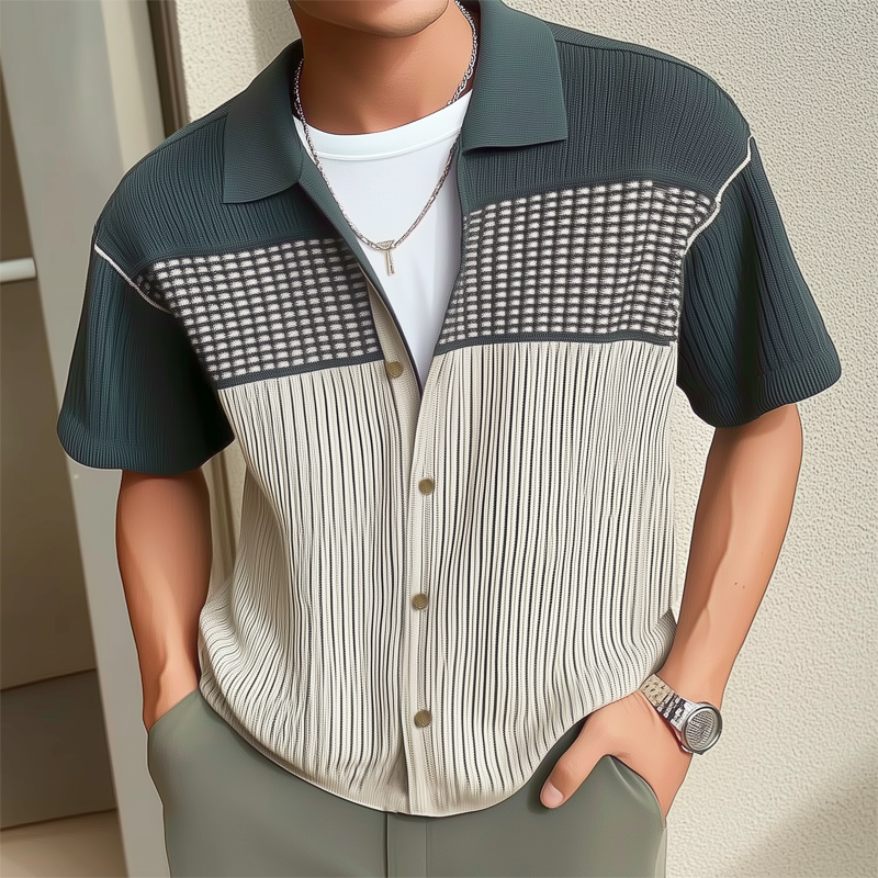 Men's Business Colorblock Knitted Button Short Sleeve Shirt MTA1825G7U