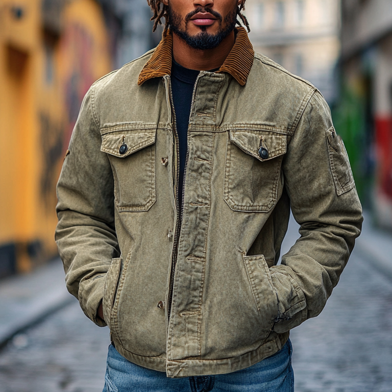 Men's Retro Western Cowboy Style Spliced Lapel Corduroy Denim Jacket MTA3051I0X