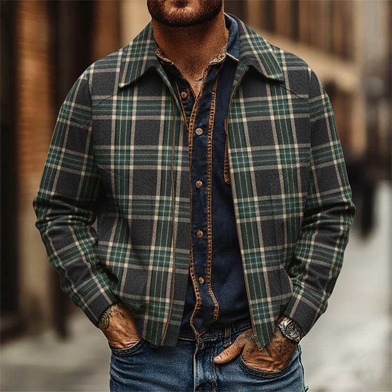 Men's Retro Brushed Plaid Lapel Zip-Up Jacket MTA2466K0X