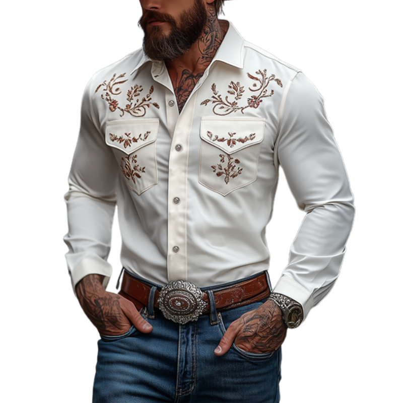 Men's Classic American Western Style Embroidered Slim Fit Cotton Long Sleeve Shirt 98153445K