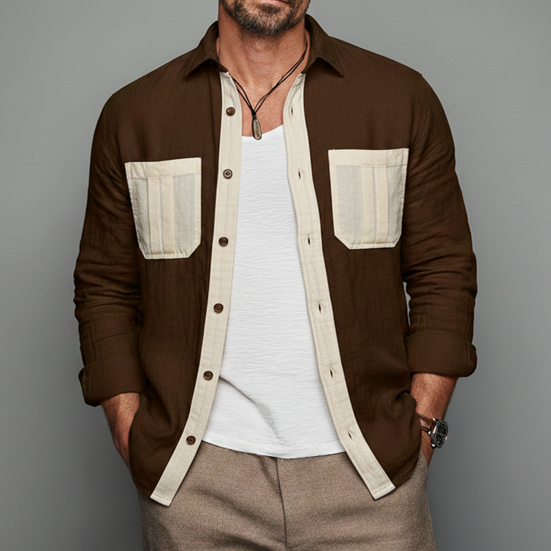 Men's Stylish Color-block Cotton And Linen Long-sleeved Shirt MTZ0531B5U