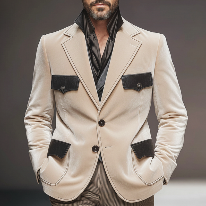 Men's Classic Business Velvet And PU Leather Patchwork Two-Button Blazer MTA1788L9U