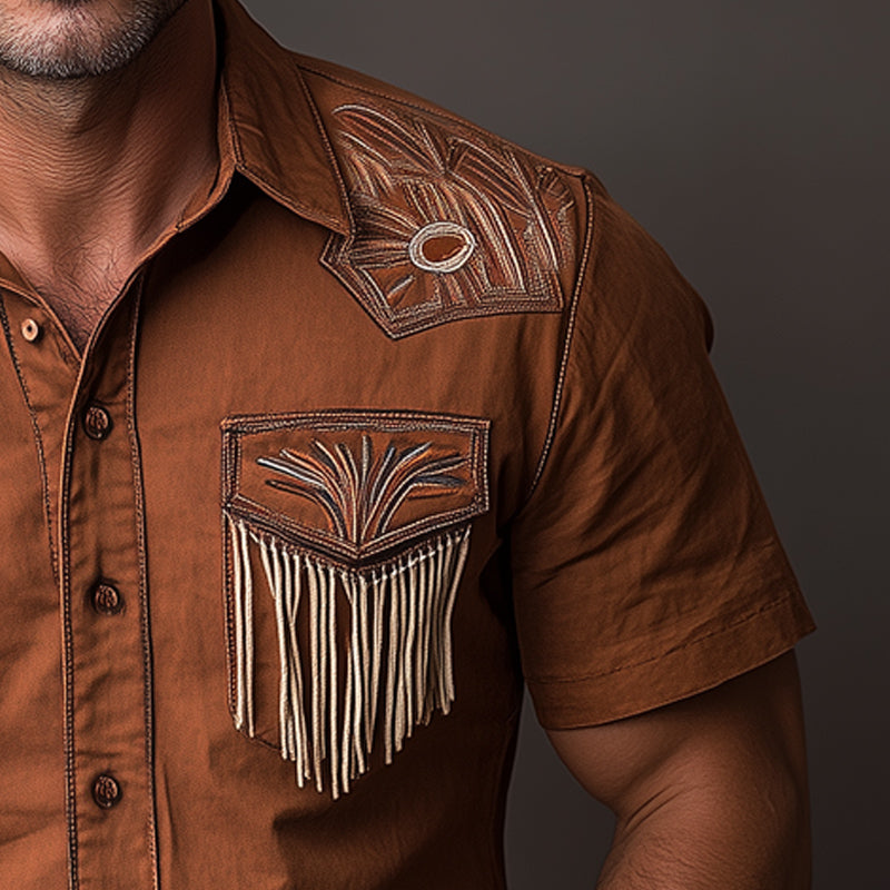 Men's Western Cowboy Style Vintage Embroidered Tassel Short Sleeve Shirt MTA0887E4U