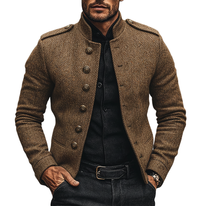 Men's Vintage Herringbone Stand Collar Single Breasted Jacket MTA1524J5X